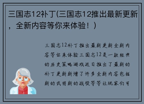 三国志12补丁(三国志12推出最新更新，全新内容等你来体验！)