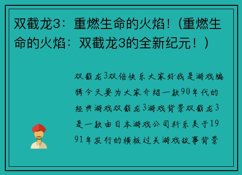 双截龙3：重燃生命的火焰！(重燃生命的火焰：双截龙3的全新纪元！)